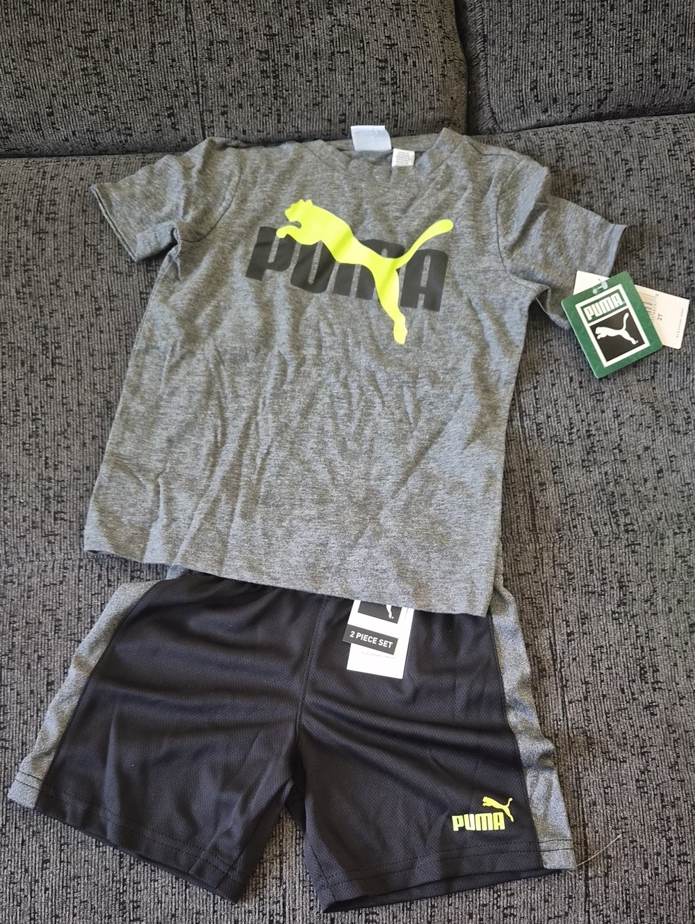 Puma Gray Tee & Black Shorts Kids Pajama Set with Neon Yellow Logo